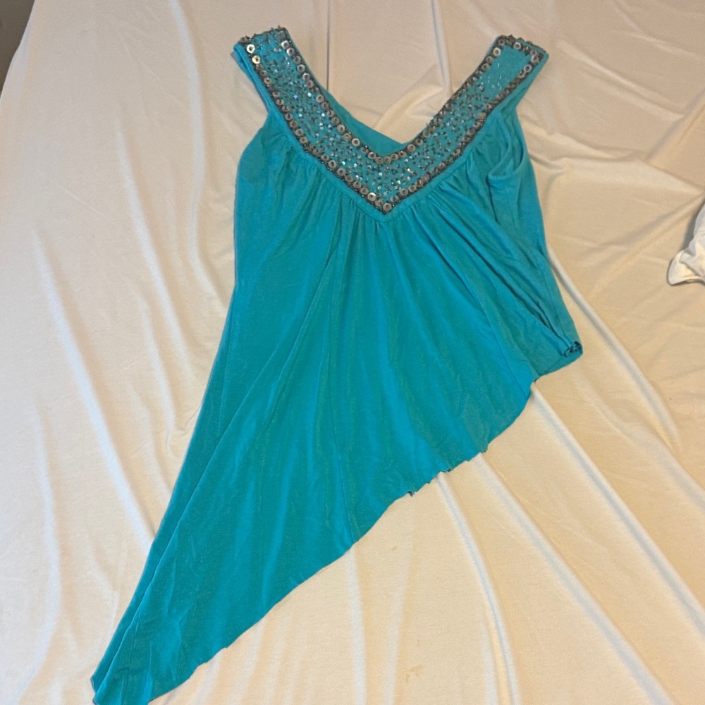 Embellished Teal Asymmetrical Women's Blouse